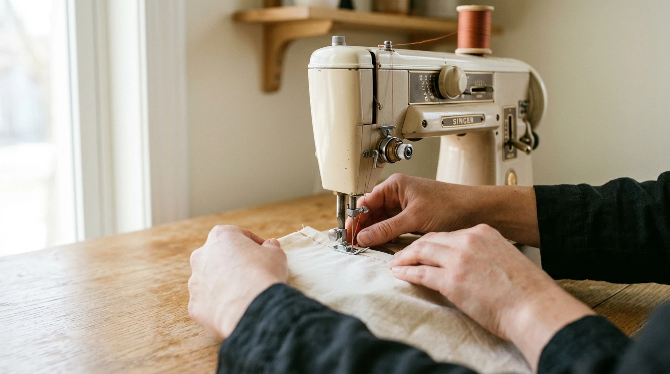 Mains guidant un tissu sous le pied-de-biche d'une machine à coudre