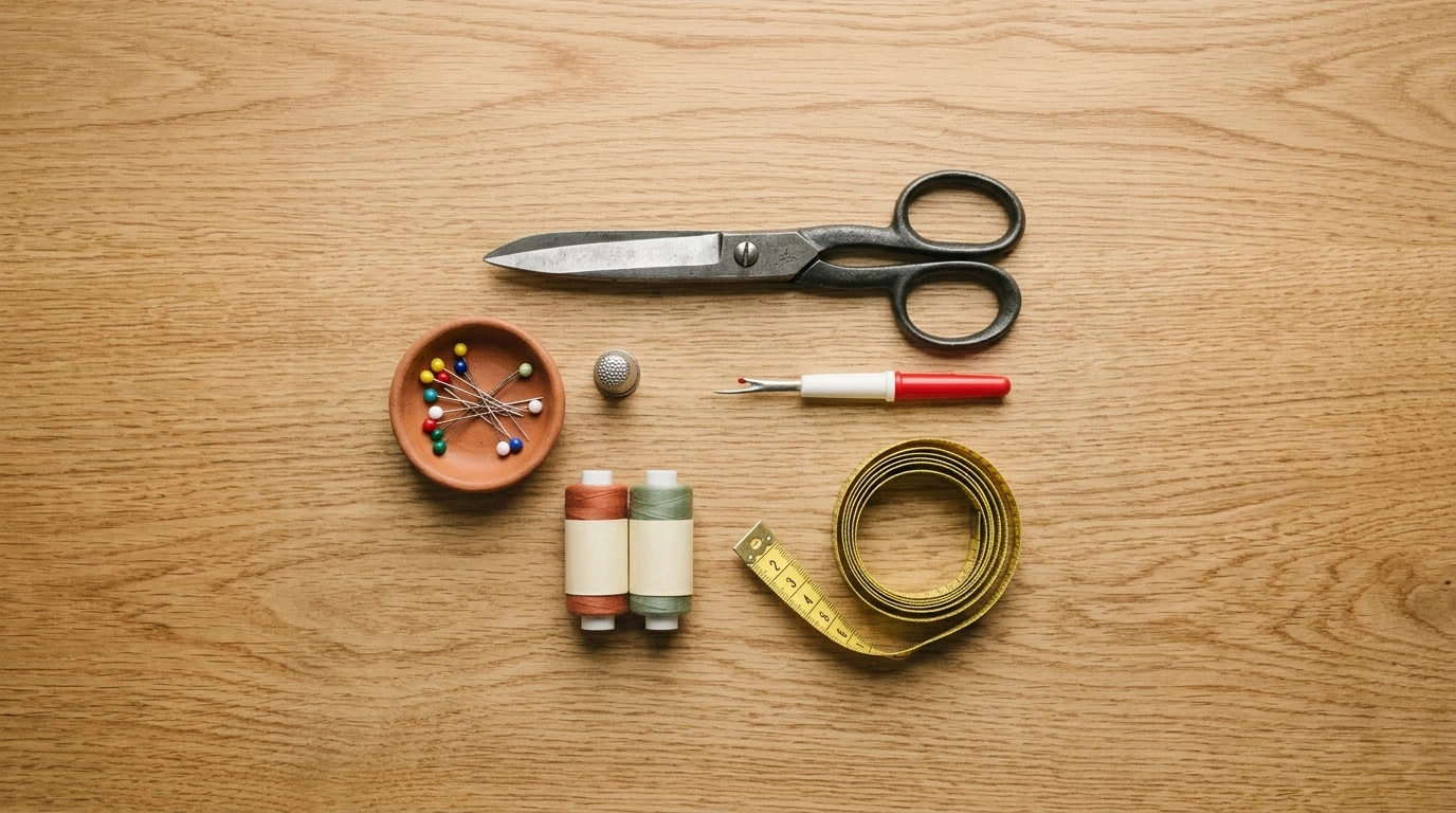 Ciseaux de couture, épingles à tête de verre et fil posés sur une table d'atelier