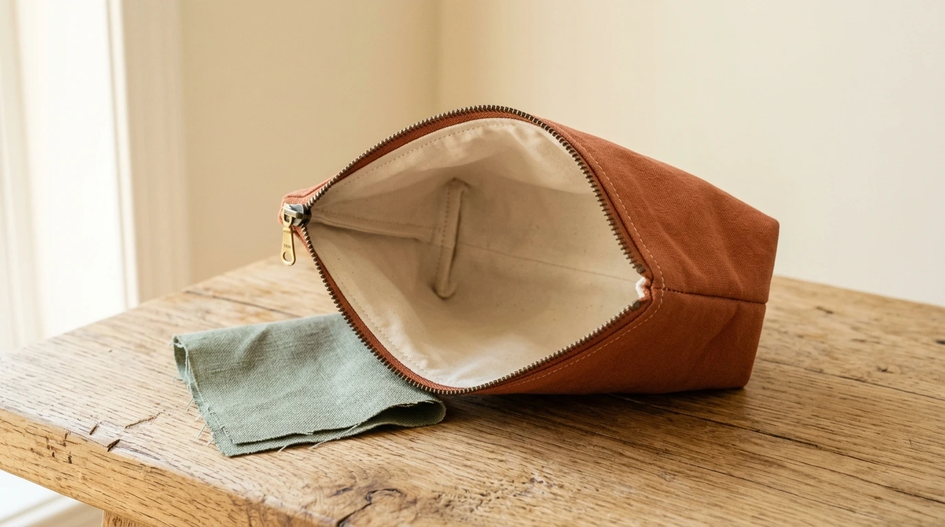 Trousse zippée en coton terminée, posée ouverte sur un plan de travail clair
