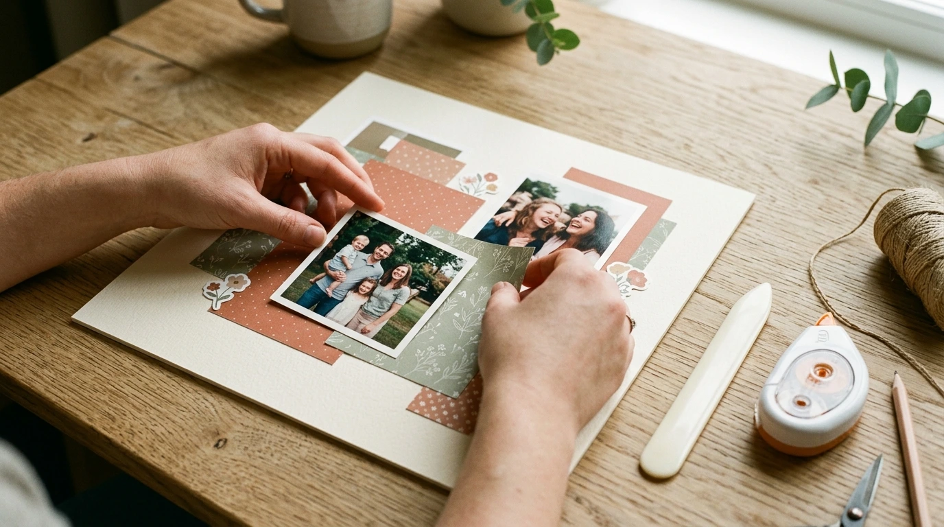 Mains composant une page de scrapbooking avec photos et papiers assortis