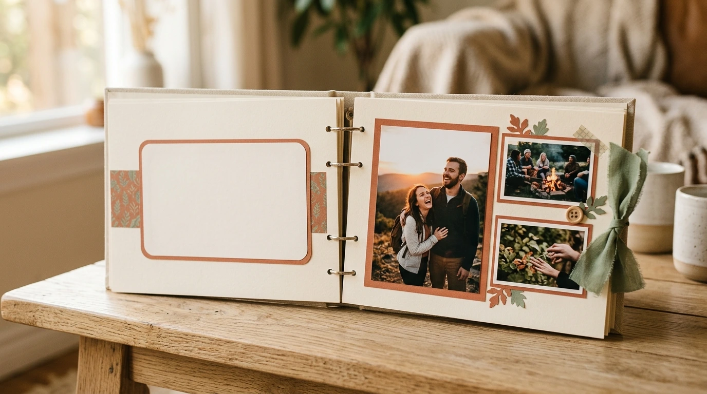 Album de scrapbooking ouvert sur une double page composée