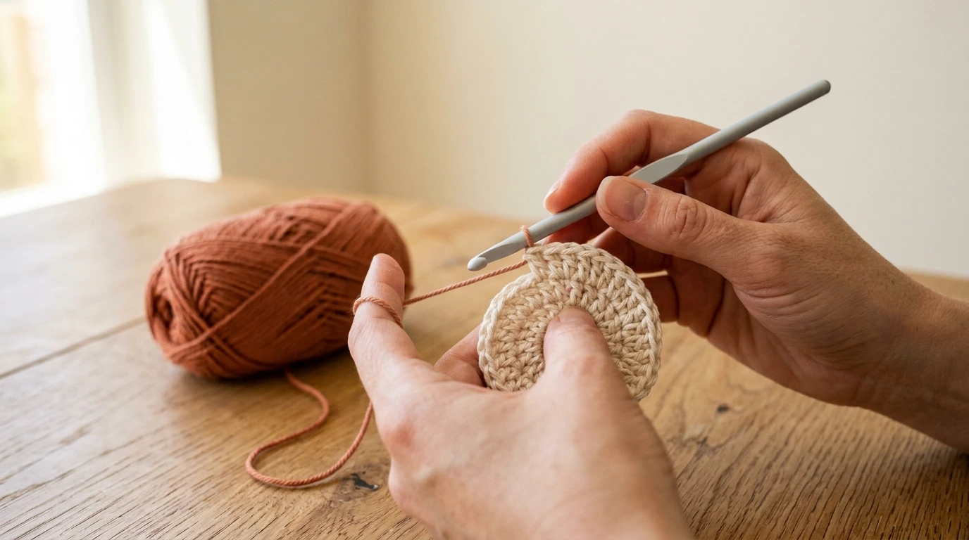 Mains crochetant un ouvrage en coton clair avec un crochet de 4 mm
