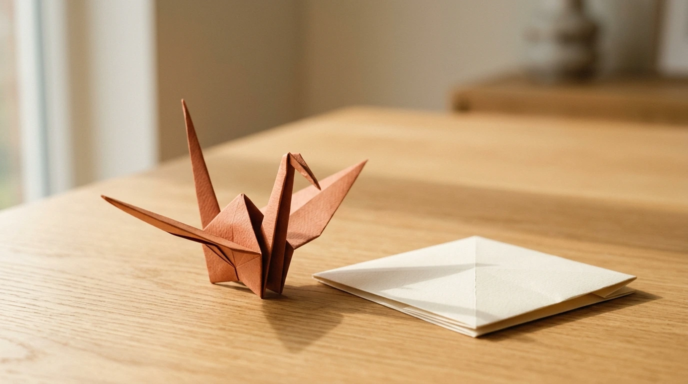 Grue en origami terminée, posée sur un plan de travail clair