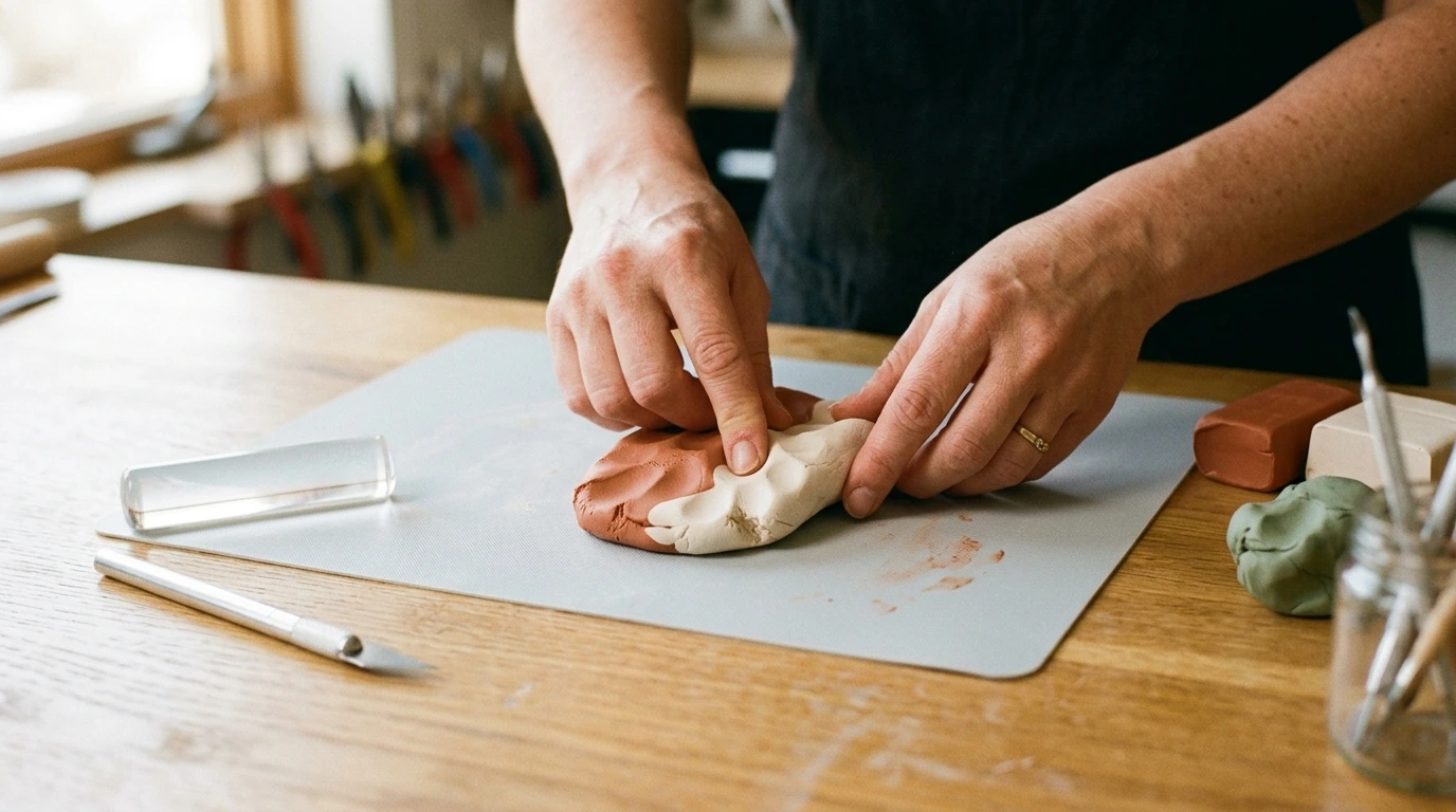Mains malaxant une pâte polymère sur un plan de travail lisse
