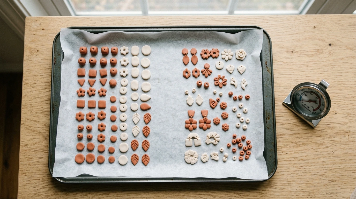 Pièces en pâte polymère disposées sur une plaque avec papier cuisson avant cuisson