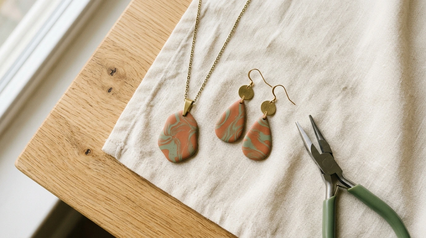 Boucles d'oreilles et pendentif en pâte polymère terminés, montés sur leurs apprêts