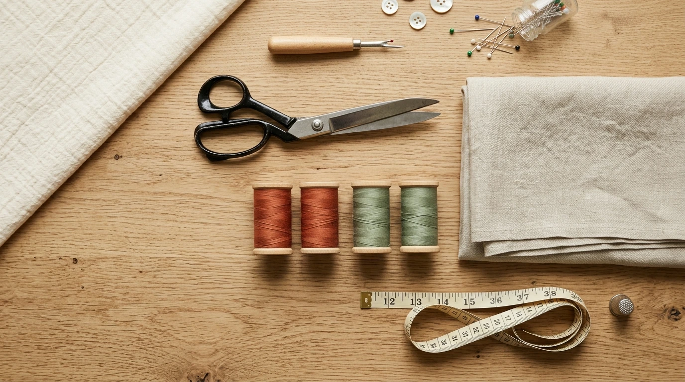 Matériel de couture : ciseaux, fils et tissu sur une table