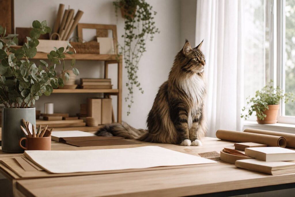 Guide complet du Maine Coon au quotidien - chat roux dans un atelier lumineux et artisanal