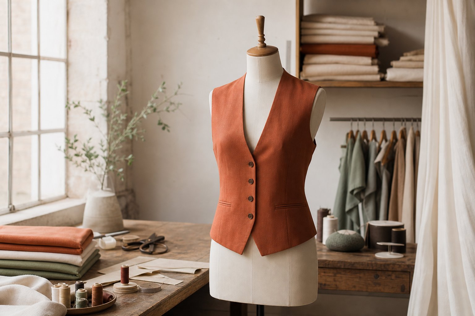 Gilet sans manches chic pour femme présenté en atelier de couture