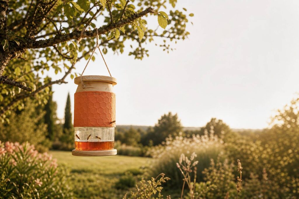 Piège à guêpes rustique suspendu dans un jardin au coucher du soleil, lumière dorée naturelle