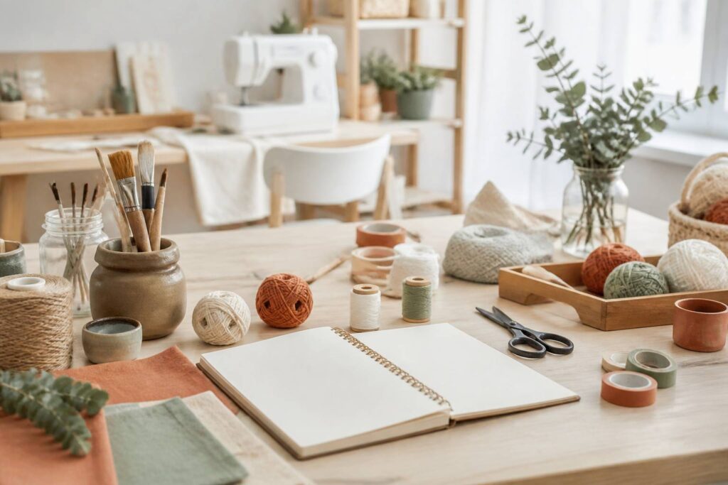 Table d'atelier créatif avec laine, fils et pinceaux
