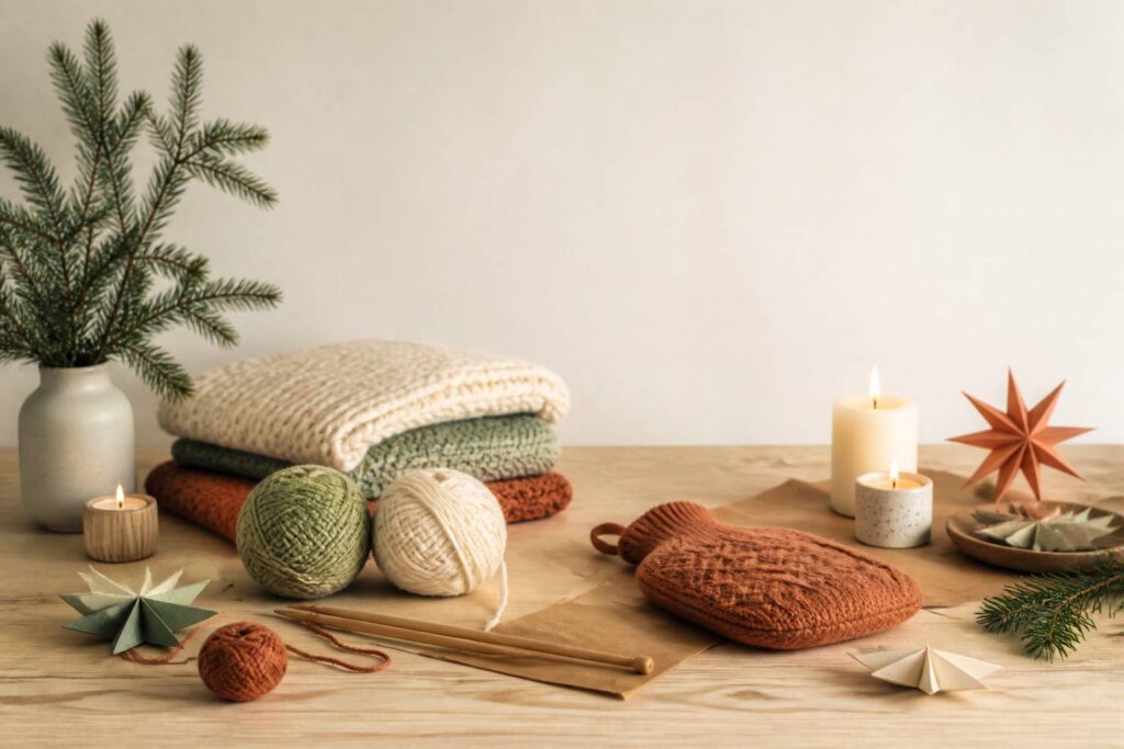 Table d'atelier d'hiver avec plaid en maille, pelotes de laine et bougies