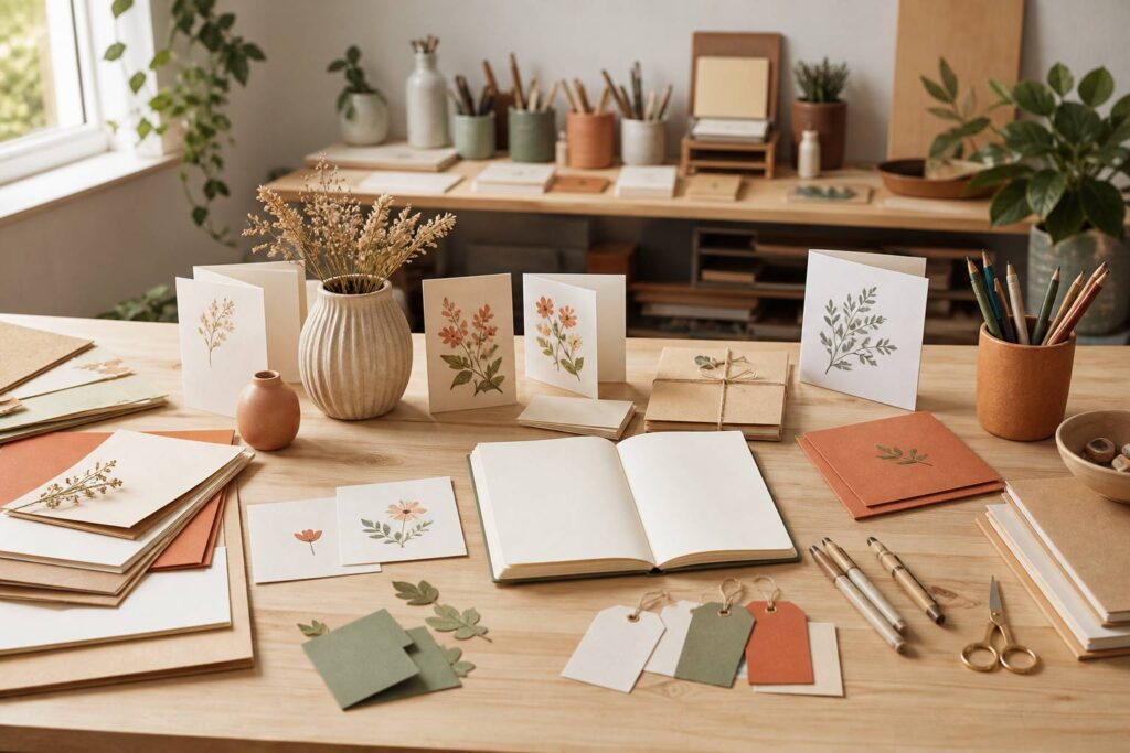 Atelier de papeterie avec cartes illustrées et carnets