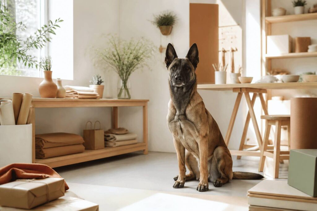 Berger belge malinois au pelage fauve charbonné assis, regard vif
