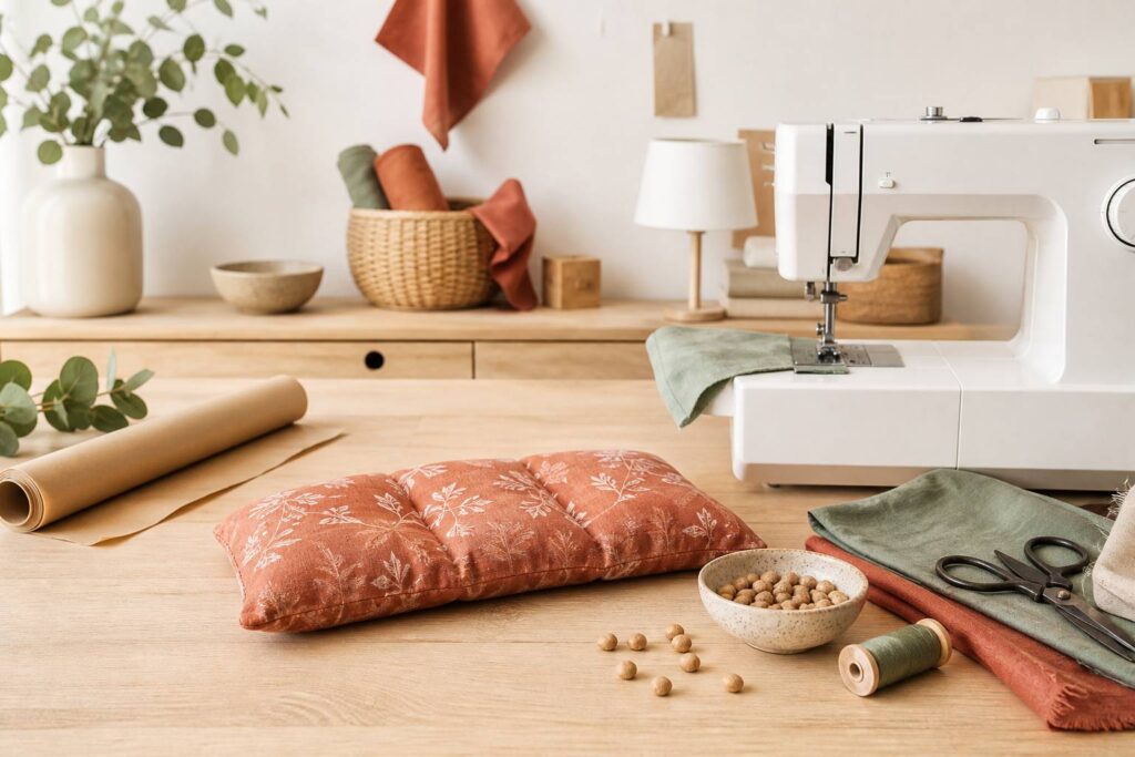 Bouillotte sèche en tissu remplie de noyaux de cerises sur une table