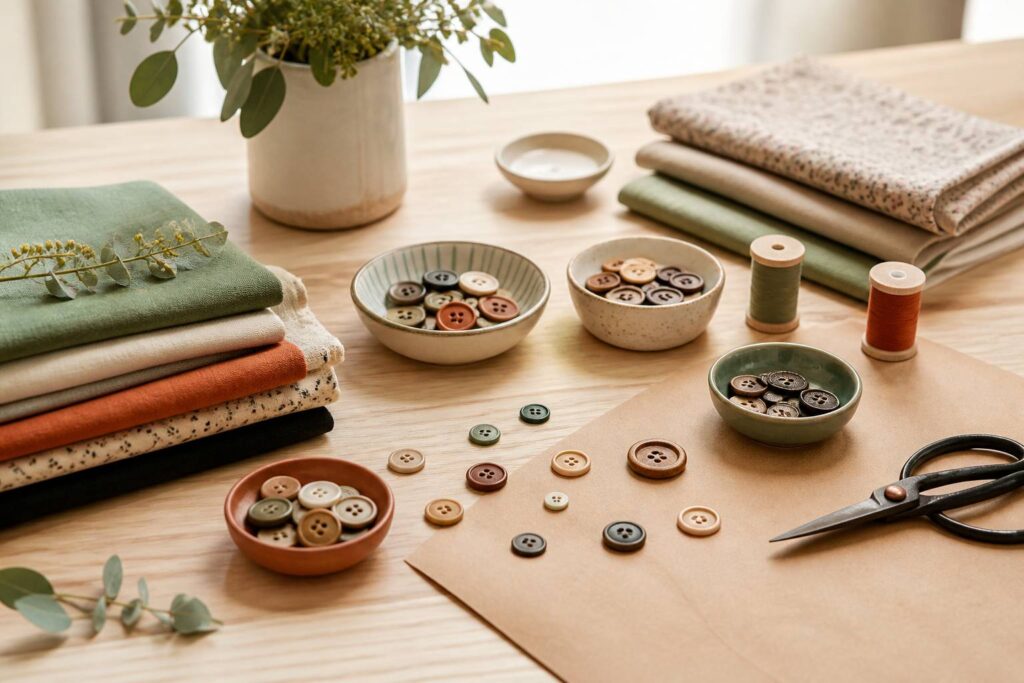 Boutons de couture en bois, nacre et métal dans des coupelles