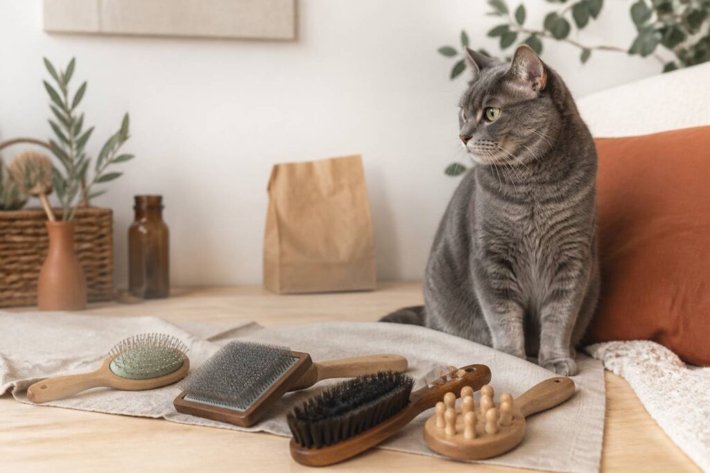 Ensemble de brosses de toilettage pour chat posées près d'un chat au pelage soyeux