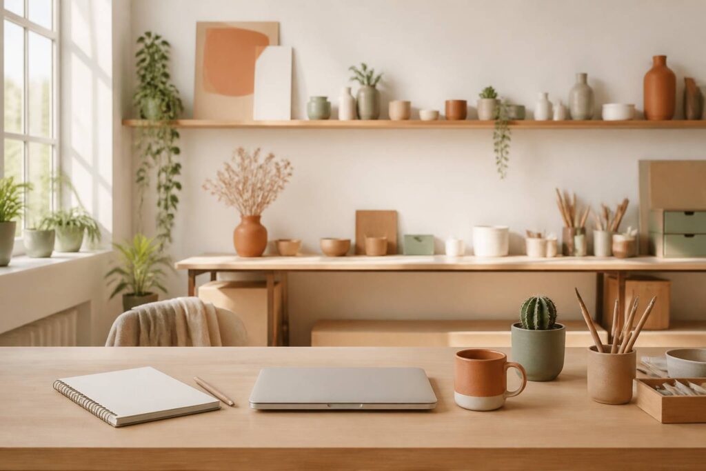 Bureau en bois clair avec ordinateur portable et petit cactus