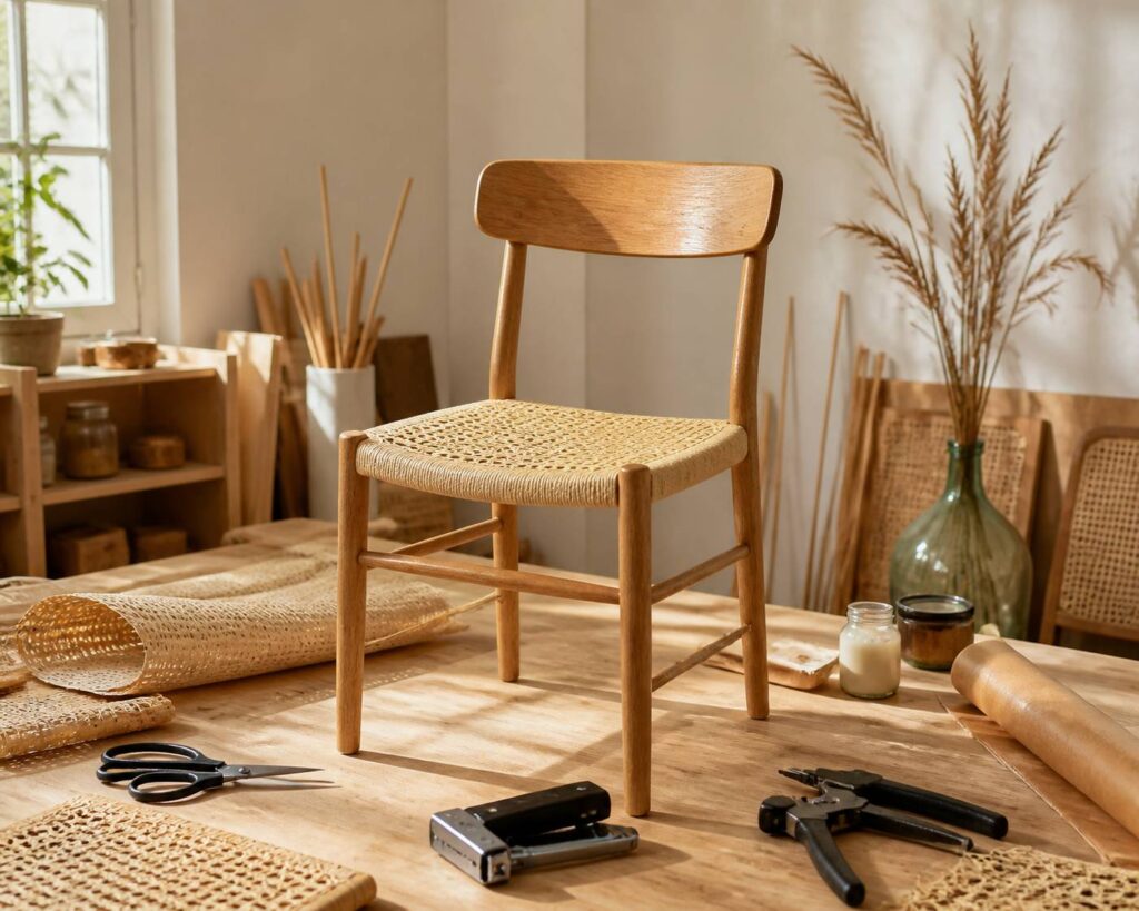 Assise de chaise en cannage de rotin en cours de restauration dans un atelier