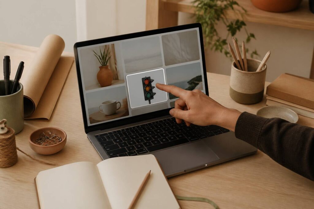 Écran d'ordinateur avec sélection d'images anti-robot sur un bureau d'atelier