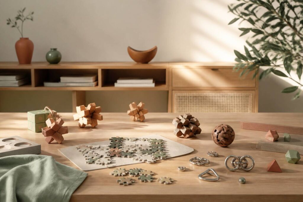 Casse-têtes en bois et en métal avec un puzzle partiellement assemblé