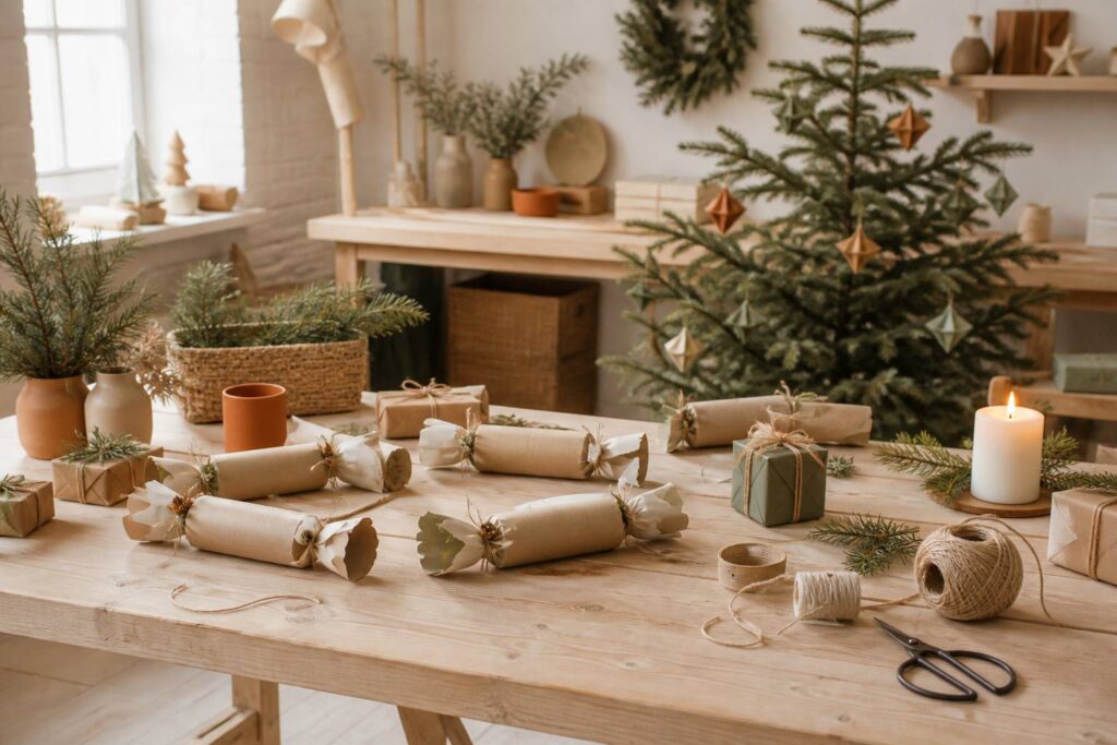 Crackers de Noël en papier kraft avec ficelle et décorations