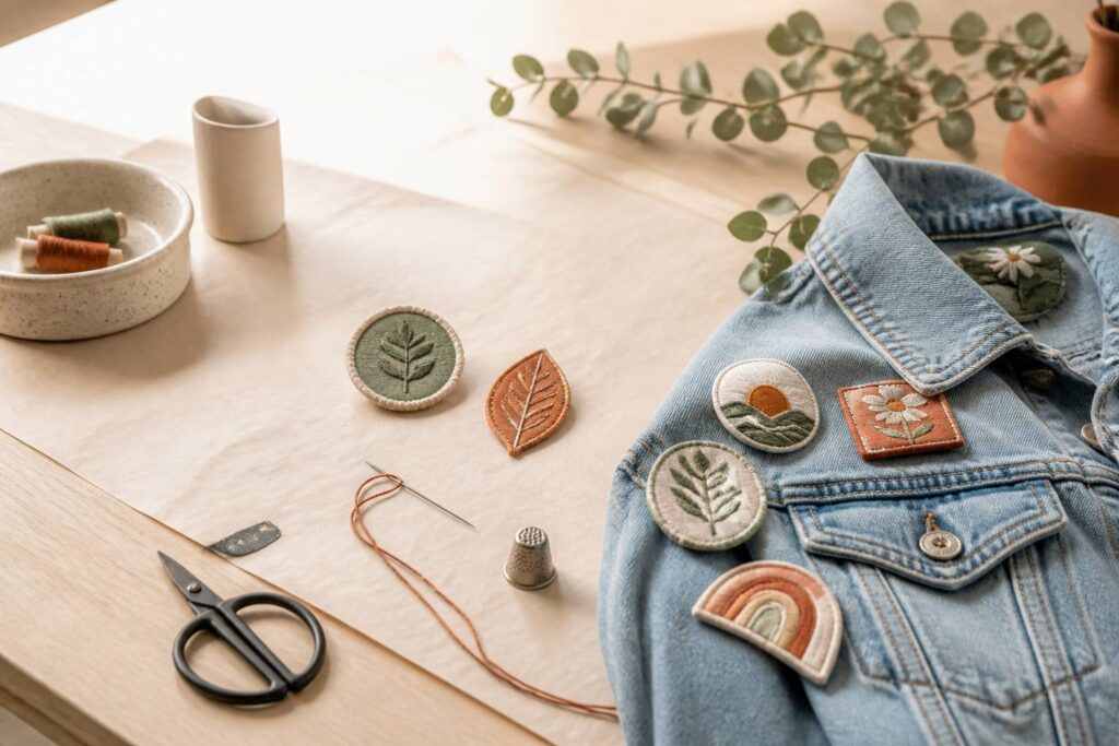 Écussons brodés colorés posés sur une veste en jean