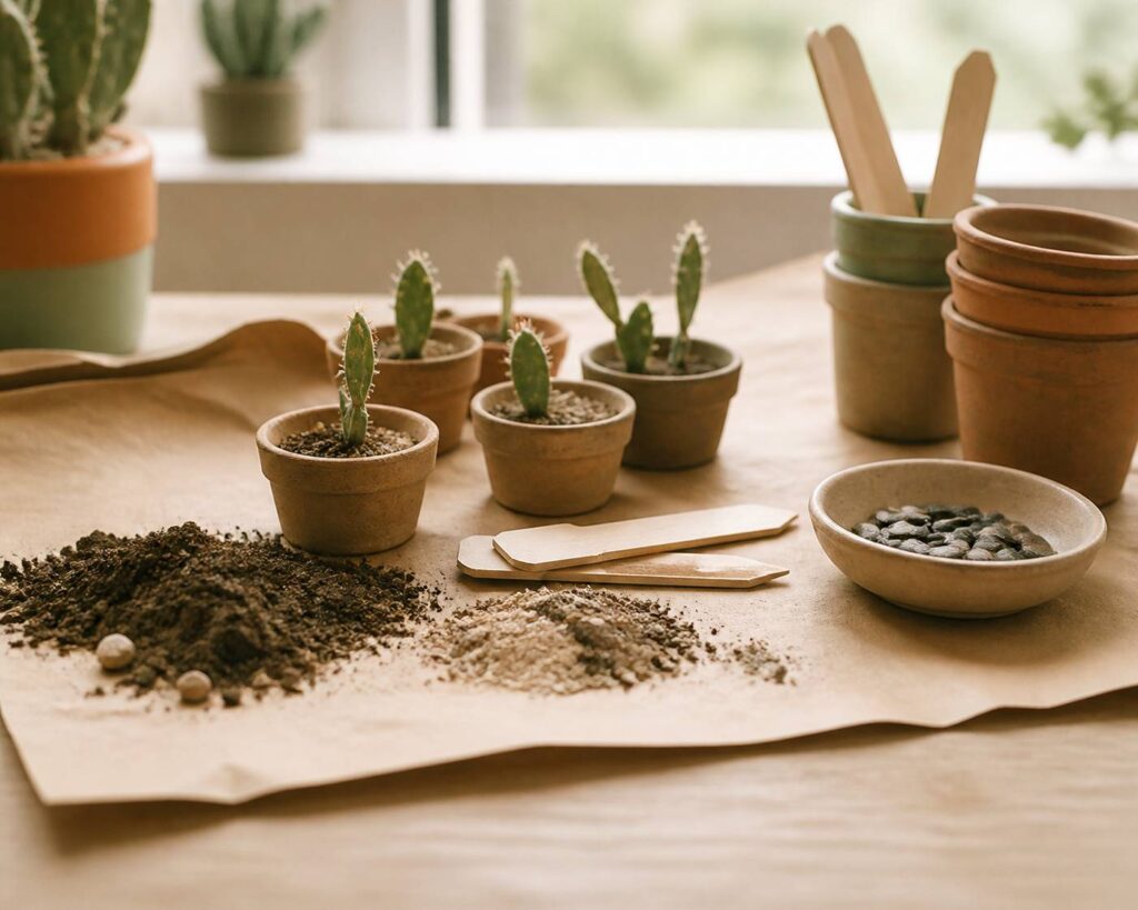 Pots de semis de figuier de Barbarie avec jeunes pousses de cactus sur un rebord de fenêtre
