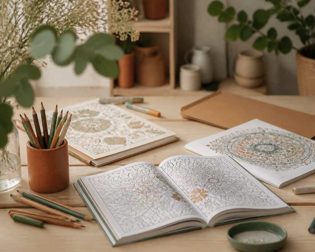 Livres de coloriage pour adultes avec crayons et feutres sur une table d'atelier