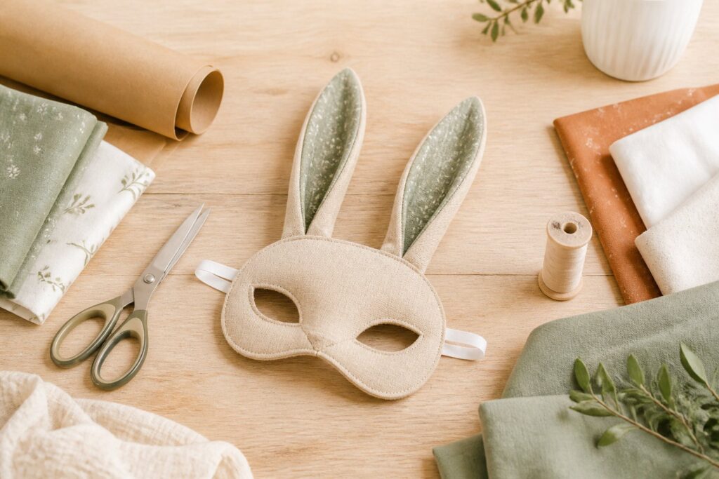 Masque de lapin artisanal en tissu avec oreilles doublées posé sur un plan de travail en bois