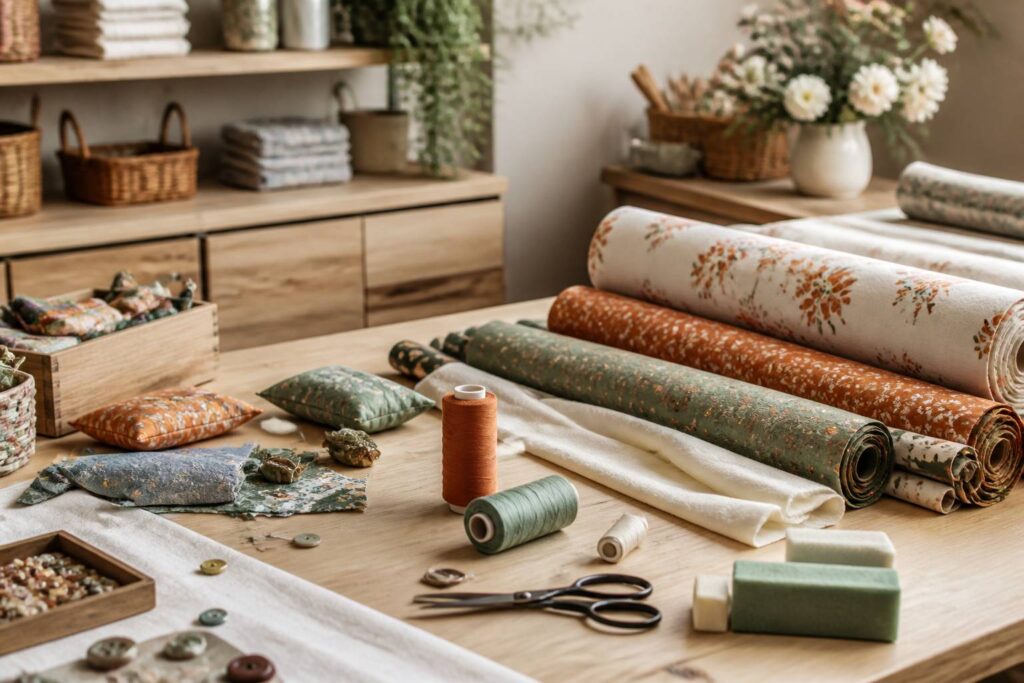 Tissus imprimés, bobines de fil et accessoires de couture sur une table d'atelier