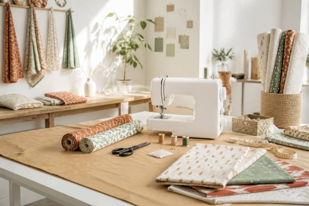 Rouleaux de tissu imprimé aux motifs géométriques dans un atelier