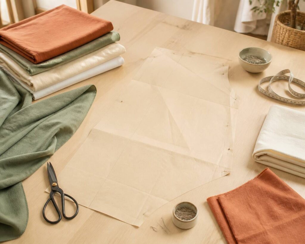 Patron de couture sur papier kraft avec tissus et mètres ruban