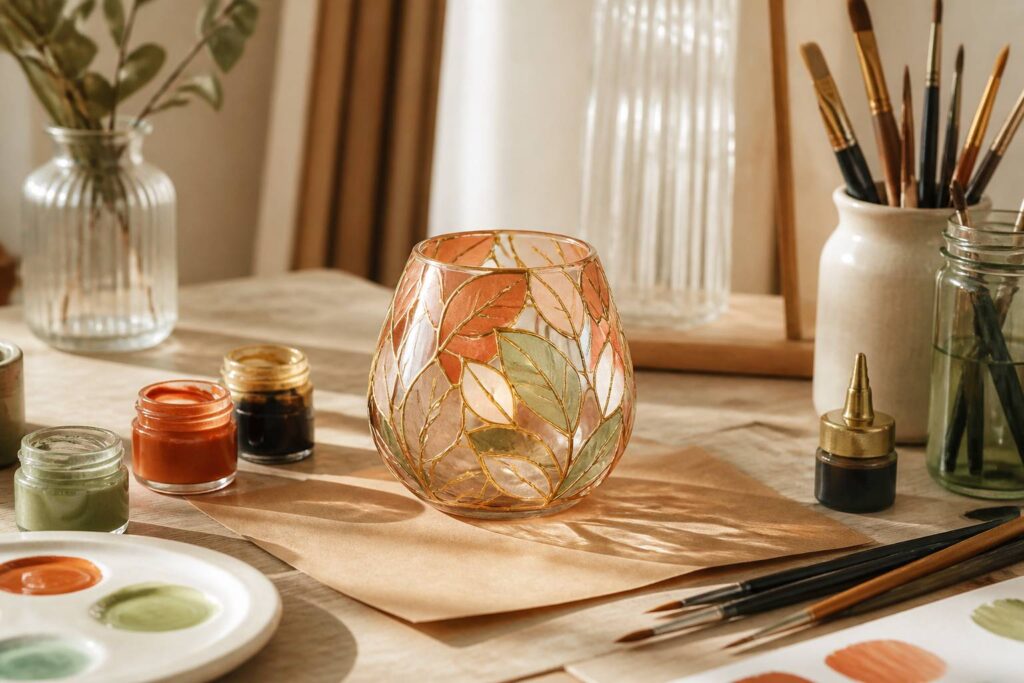 Photophore en verre peint à la main dans un atelier de peinture sur verre