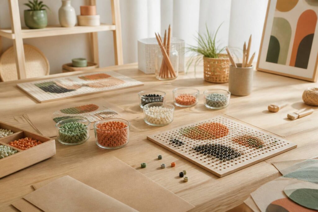Perles à repasser multicolores triées dans un atelier créatif
