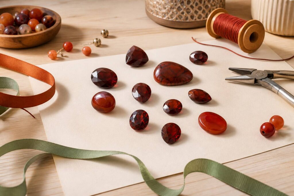 Pierres rouges polies et perles sur papier kraft