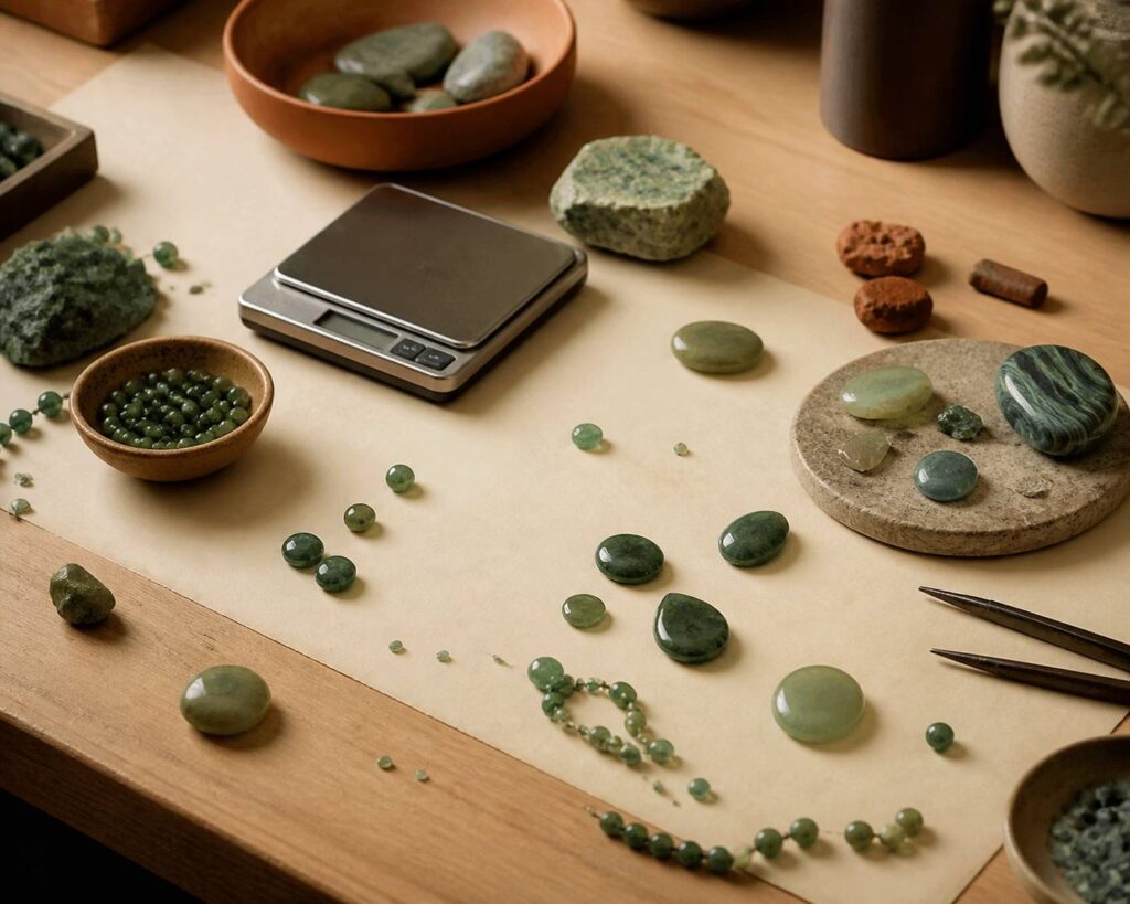 Pierres vertes polies et cabochons posés sur du papier kraft dans un atelier