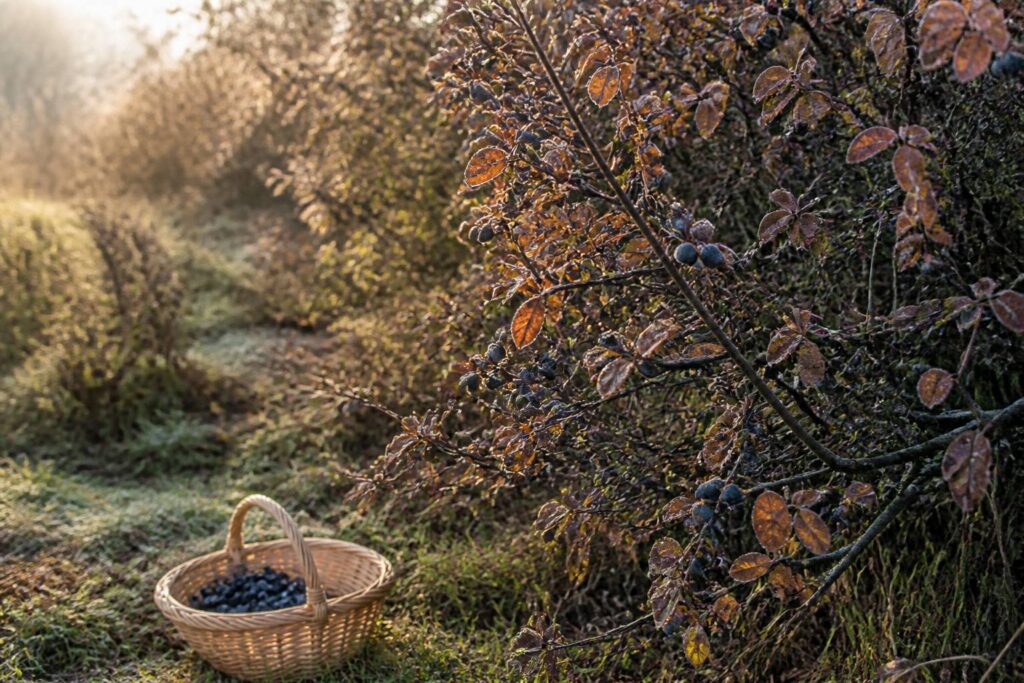Haie de prunellier en automne chargée de baies bleu-noir givrées avec panier en osier au pied