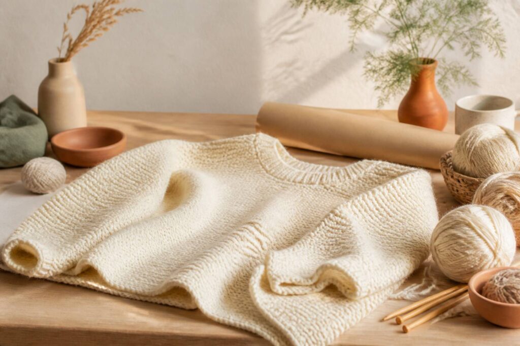 Pull tricoté main en point mousse avec pelotes de laine et aiguilles en bois