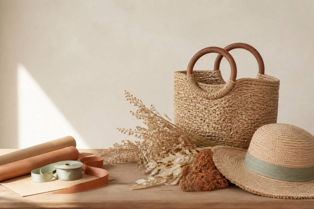 Sac en raphia tressé posé sur une table avec des fleurs séchées et des accessoires naturels