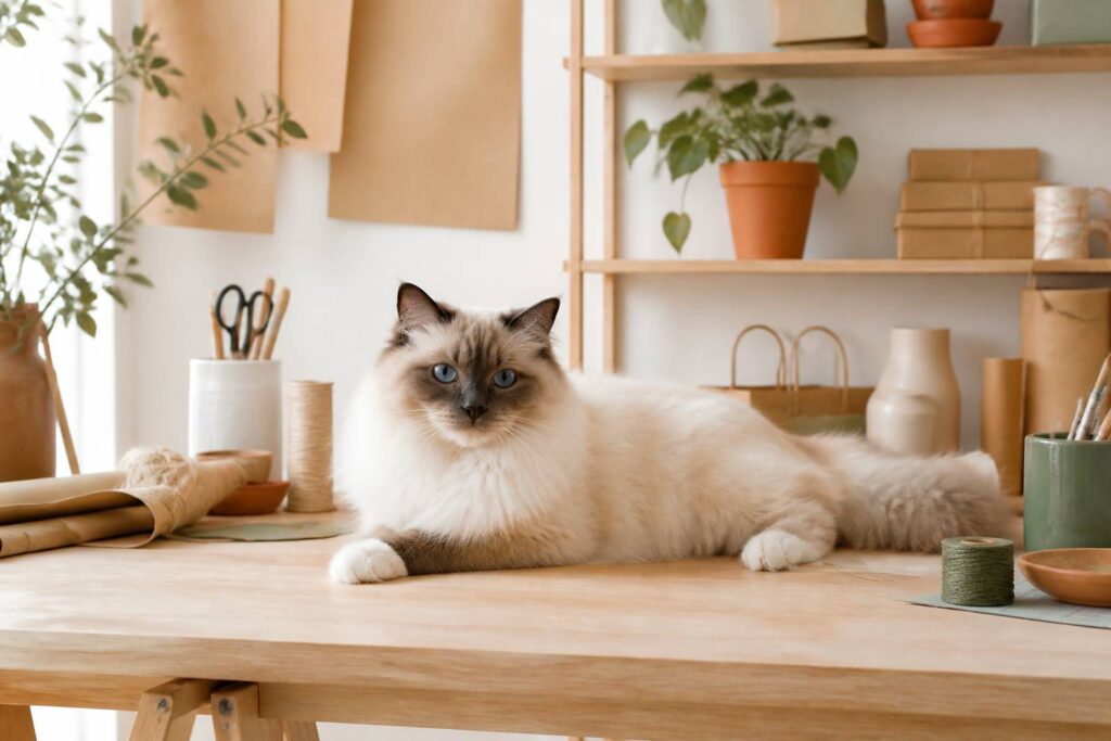 Chat Sacré de Birmanie au poil mi-long, aux yeux bleus et aux pattes blanches