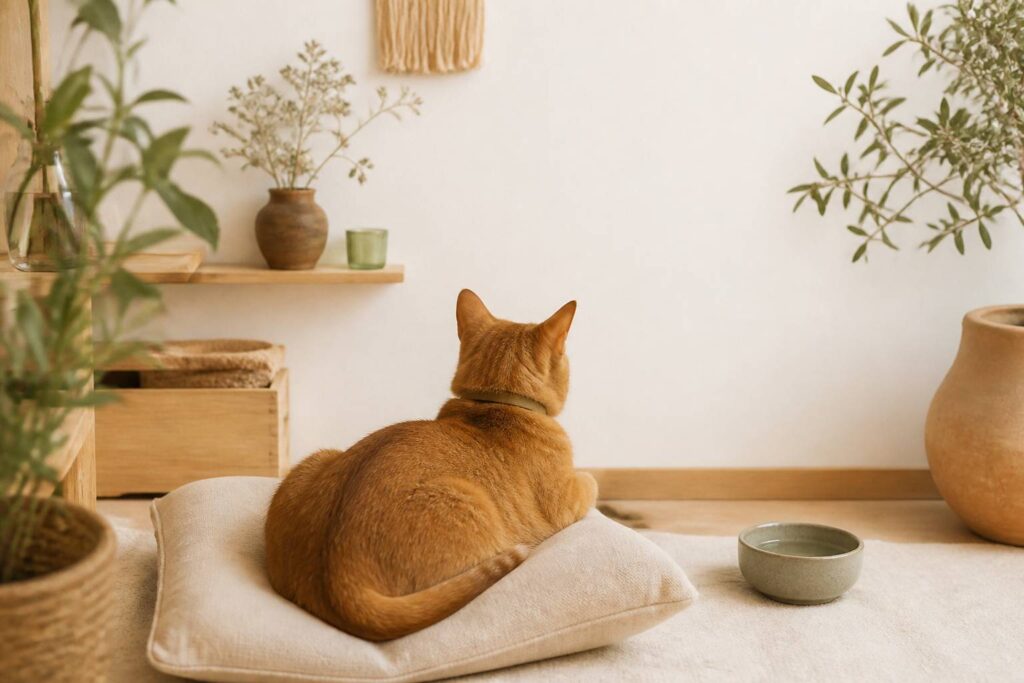 Chat roux vu de dos reposant sur un coussin avec un bol d'eau