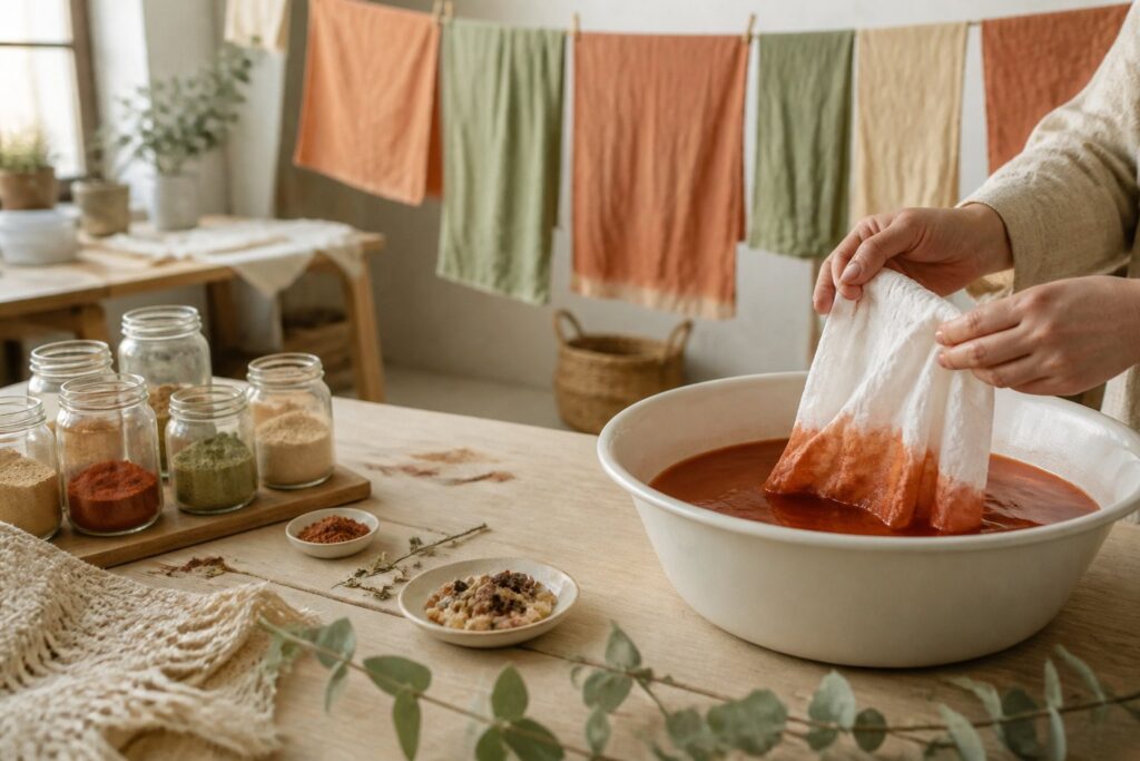 Mains plongeant un tissu blanc dans une bassine de teinture terracotta dans un atelier