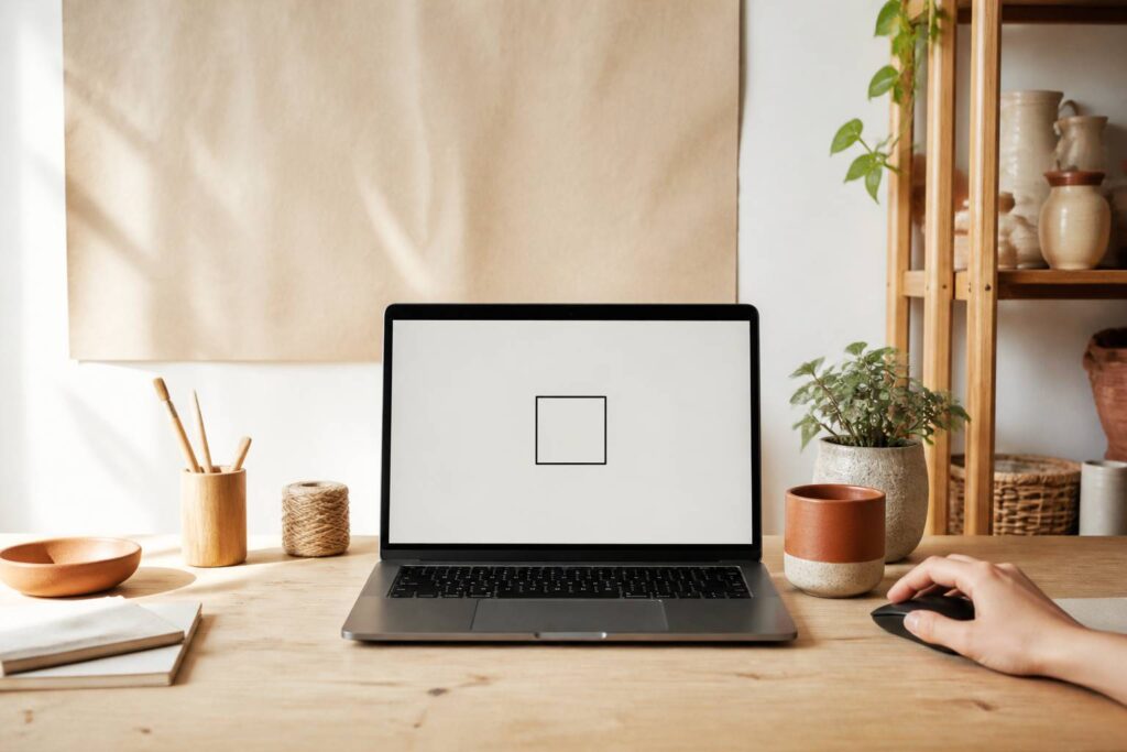 Ordinateur portable sur un établi en bois avec une case à cocher à l'écran