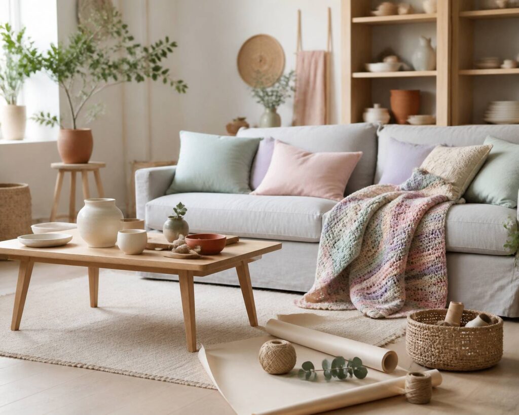 Coin salon aux tons pastel avec coussins menthe et rose et plaid en crochet