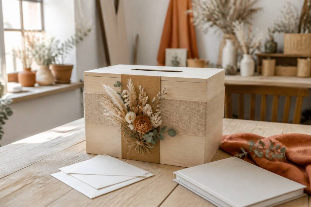 Coffre en bois décoré servant d'urne de mariage avec des enveloppes
