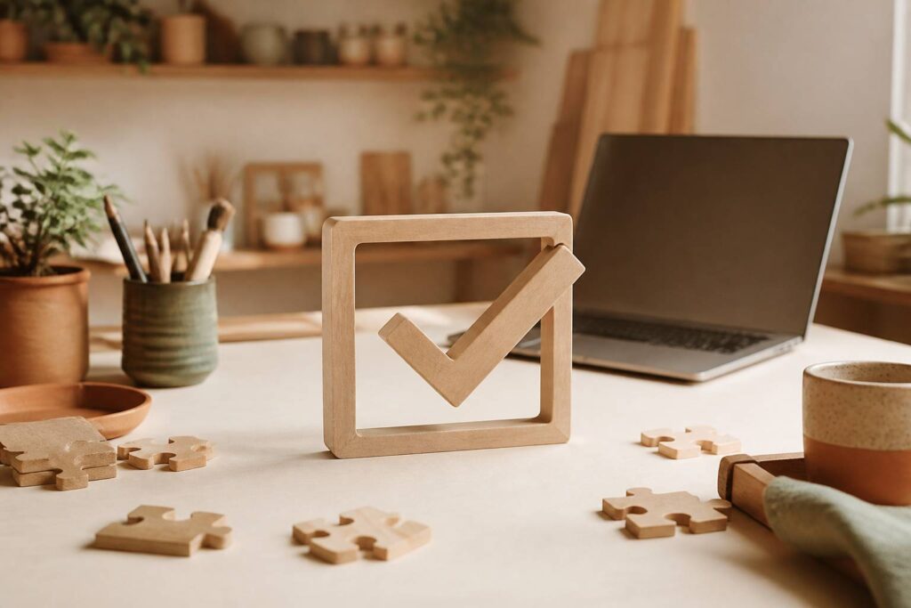 Case à cocher en bois et pièces de puzzle sur une table d'atelier en papier kraft