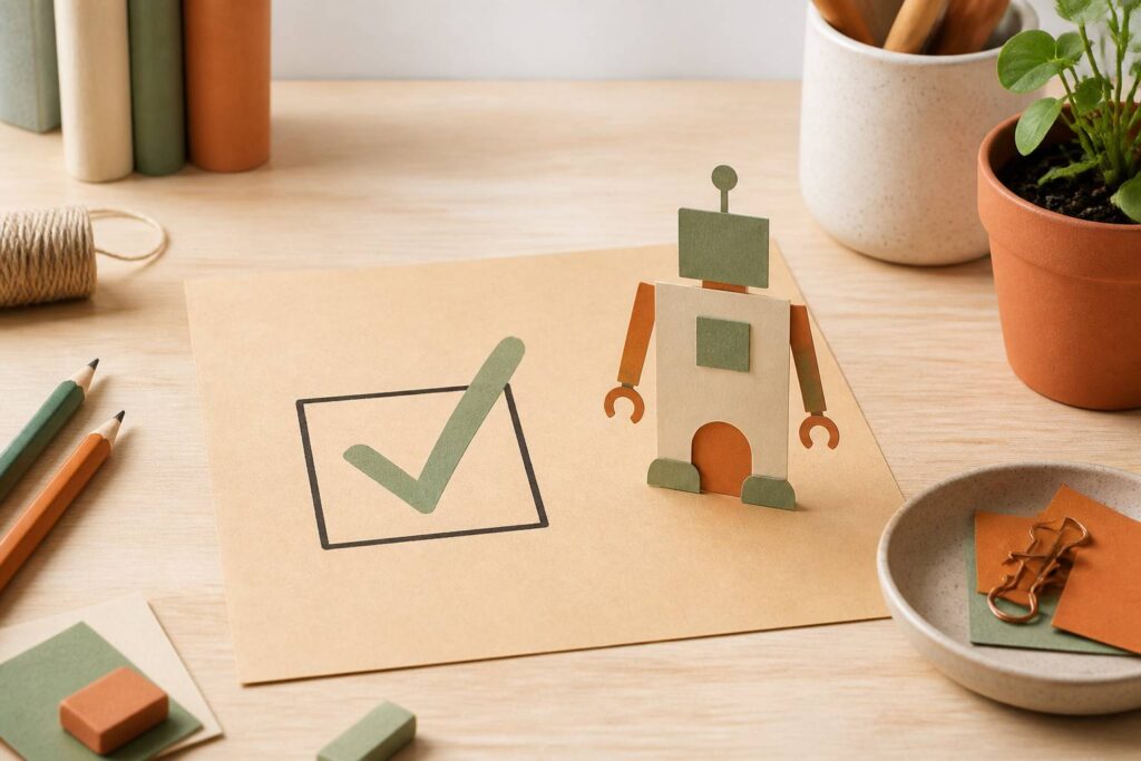 Case à cocher avec coche verte et silhouette de robot en papier