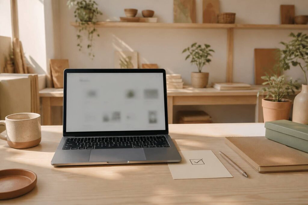 Ordinateur portable et case de vérification sur un bureau d'atelier