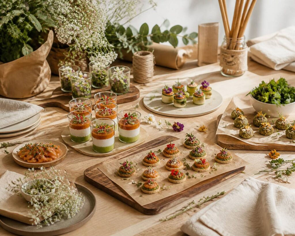 Verrines et bouchées d'entrées colorées présentées sur une table en bois